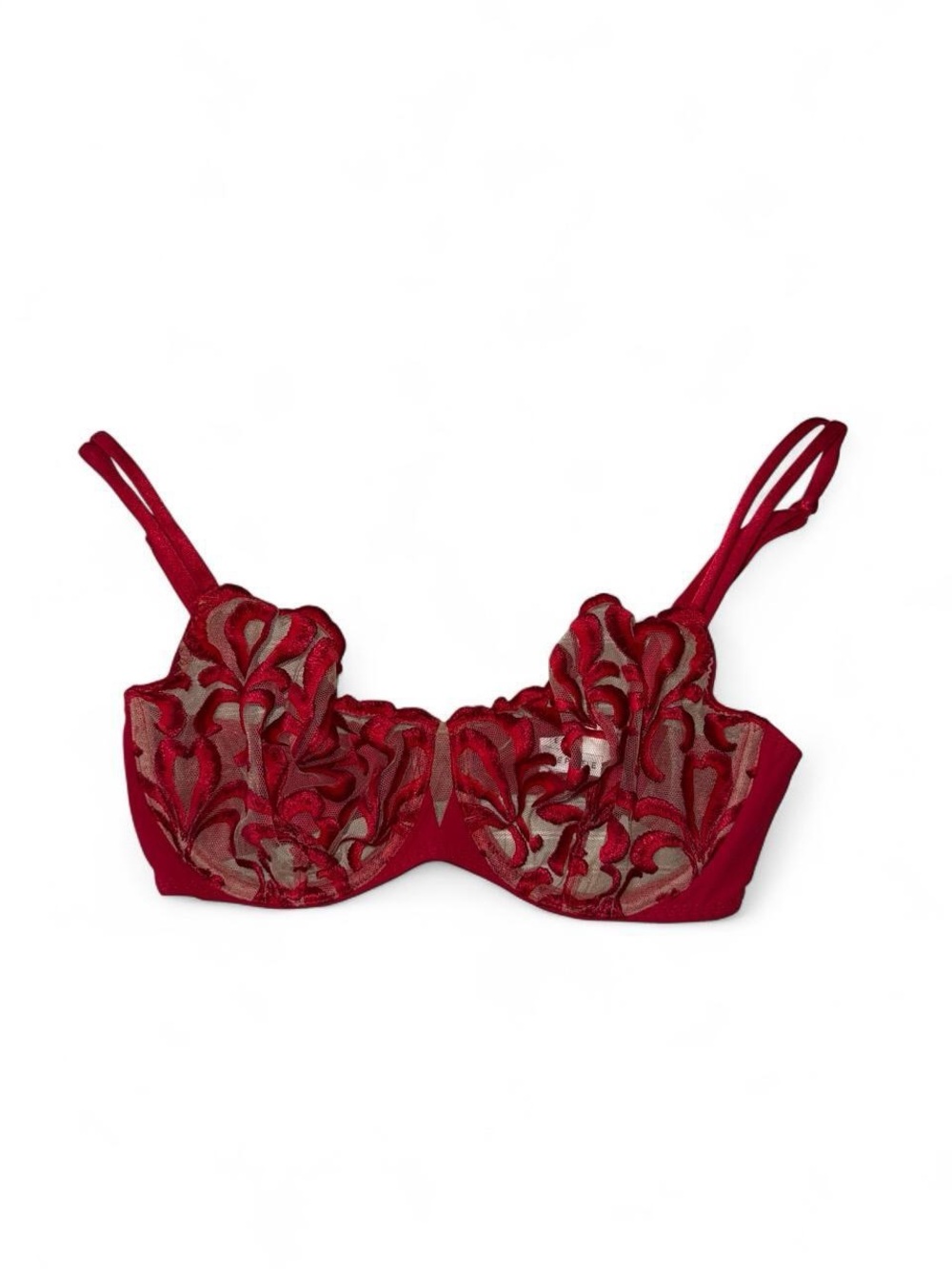Simone Perele Red Lace Underwire Bra with Sheer Embroidery